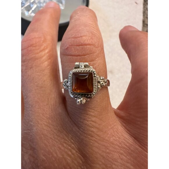 Amber Bali Sterling Silver Hinged Poison Ring Size 8 New Gift - Picture 4 of 14